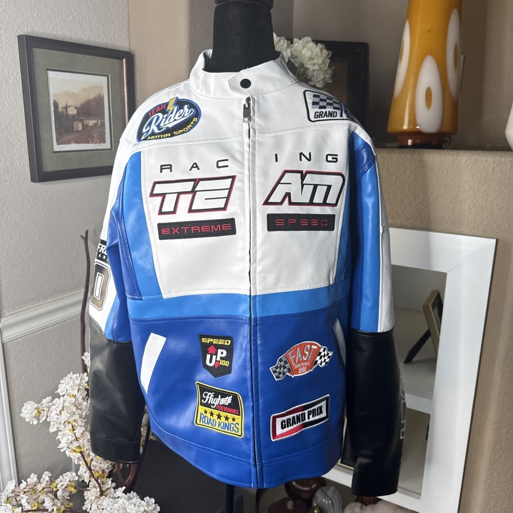 Copper Rivet Men's Blue Multicolor Moto Racing PU Leather Jacket Size Medium